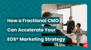 A senior marketing leader presents strategy at a whiteboard to a team, illustrating how a fractional CMO accelerates EOS® marketing strategy for growing businesses.