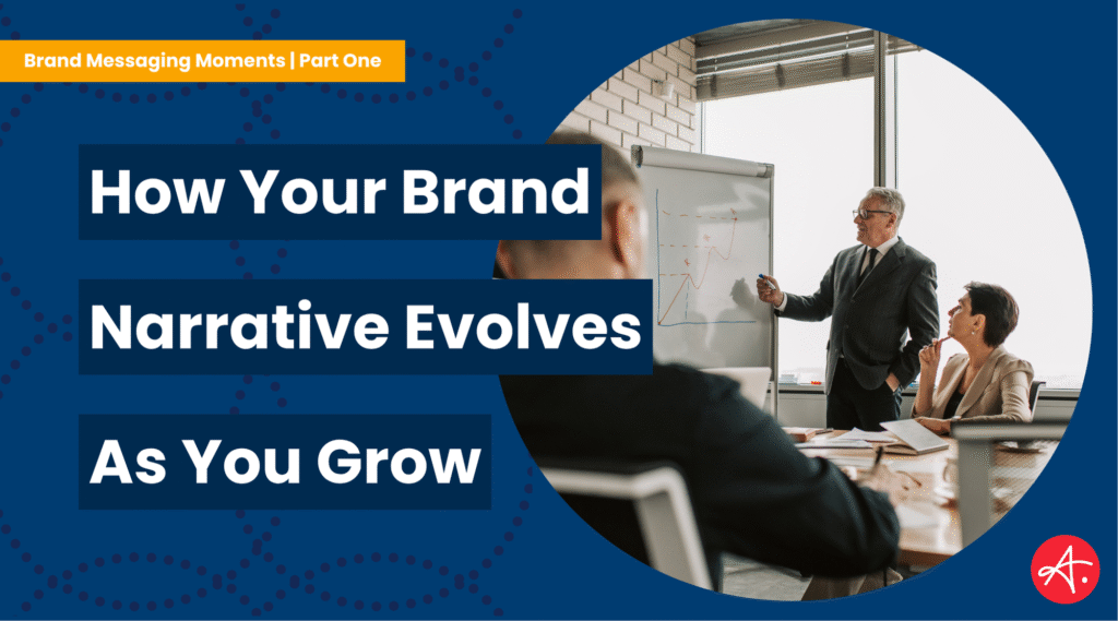 Business professional presents growth data on a whiteboard during a team meeting, symbolizing brand evolution and strategic development. Text overlay reads: How Your Brand Narrative Evolves As You Grow.