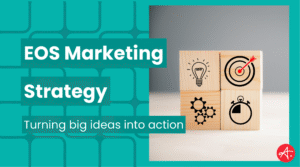 EOS marketing strategy graphic with teal background, headline text, and wooden blocks showing icons for a lightbulb, target, gears, and stopwatch, representing ideas, goals, processes, and execution.