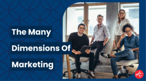 Marketing team sitting together in a modern office, smiling and collaborating, alongside bold text reading The Many Dimensions of Marketing on a blue patterned background.