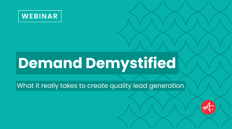 A promotional graphic for a webinar titled "Demand Demystified," with the subtitle "What it really takes to create quality lead generation." The background is teal with a subtle geometric pattern, and the "WEBINAR" label is enclosed in a white box at the top. The red Authentic® logo is in the bottom right corner.