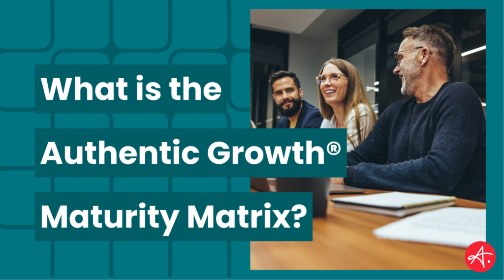 A marketing slide asking “What is the Authentic Growth® Maturity Matrix?” with a photo of three smiling professionals in a modern office, sitting at a conference table with notebooks and a laptop.