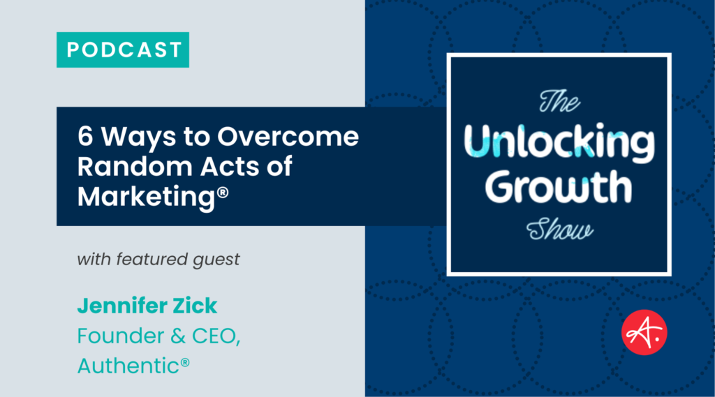 Promotional graphic for The Unlocking Growth Show featuring guest Jennifer Zick. The episode title is "6 Ways to Overcome Random Acts of Marketing."