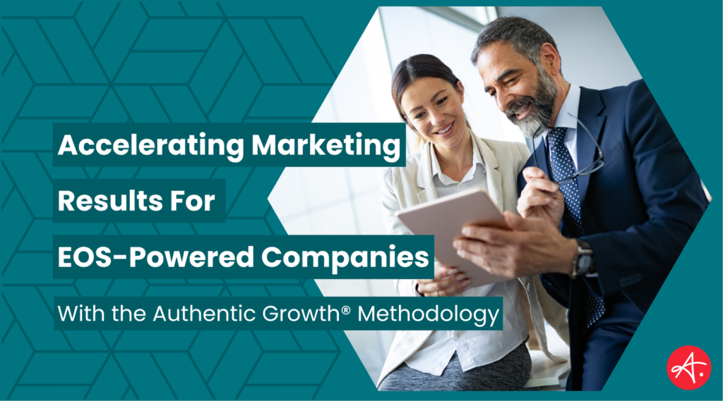 Business professionals collaborating and smiling while reviewing a tablet, with bold text overlay reading: “Accelerating Marketing Results for EOS-Powered Companies – With the Authentic Growth® Methodology.” Background features a geometric pattern and Authentic's logo in the bottom right.