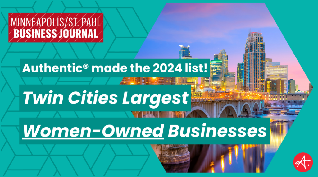 Stylized image with text that reads "Authentic made the 2024 list! Twin Cities Largest Women Owned Businesses"