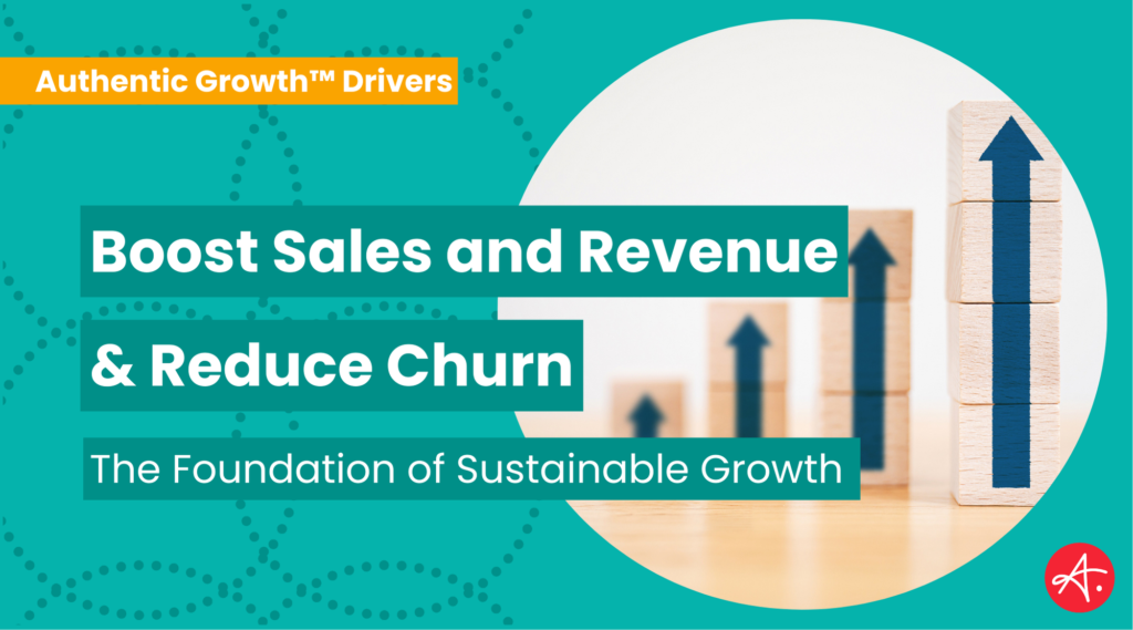 Wooden blocks with upward-pointing arrows, representing growth in sales and reduction of customer churn.