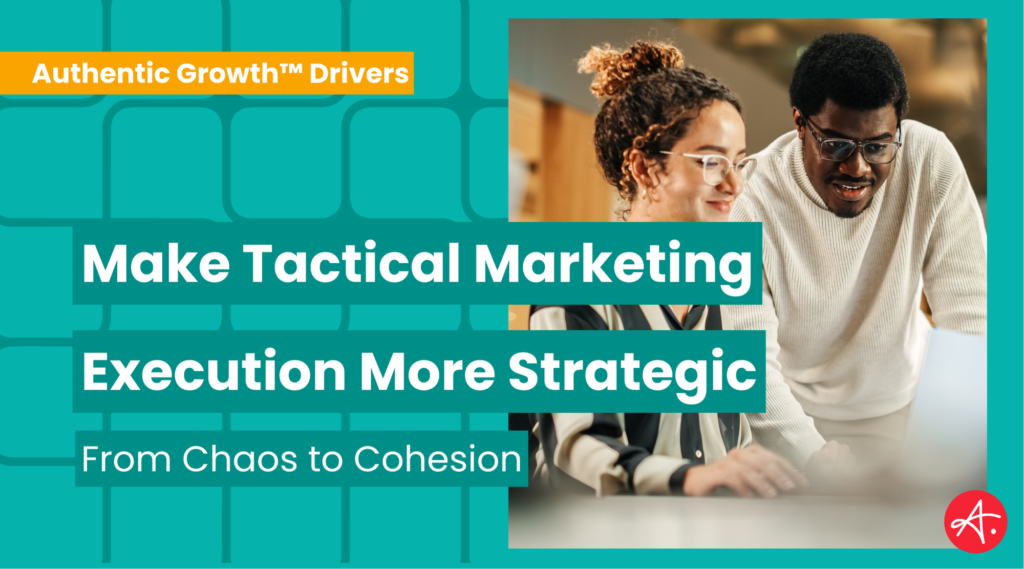 Two marketing professionals working together on a project, focusing on making tactical marketing execution more strategic.