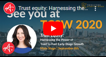 A promotional slide with text reading, "See you at TCSW 2020: Trust Equity - Harnessing the Power of Trust to Fuel Early-Stage Growth." The background includes a city skyline, and a smiling woman’s professional headshot is displayed.