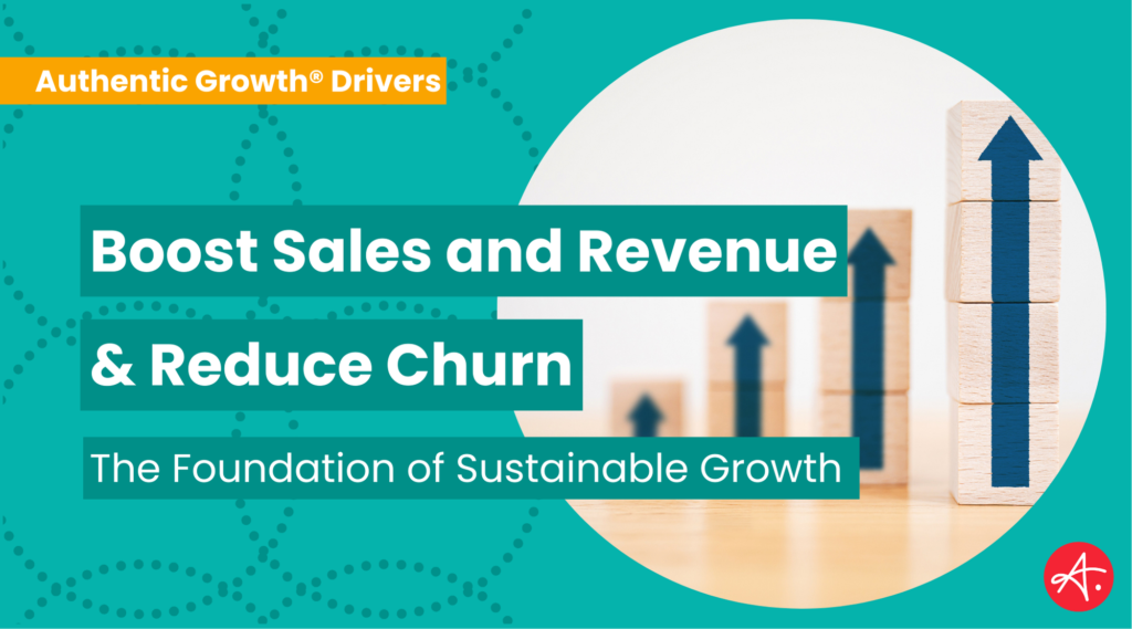 Wooden blocks with upward-pointing arrows, representing growth in sales and reduction of customer churn.