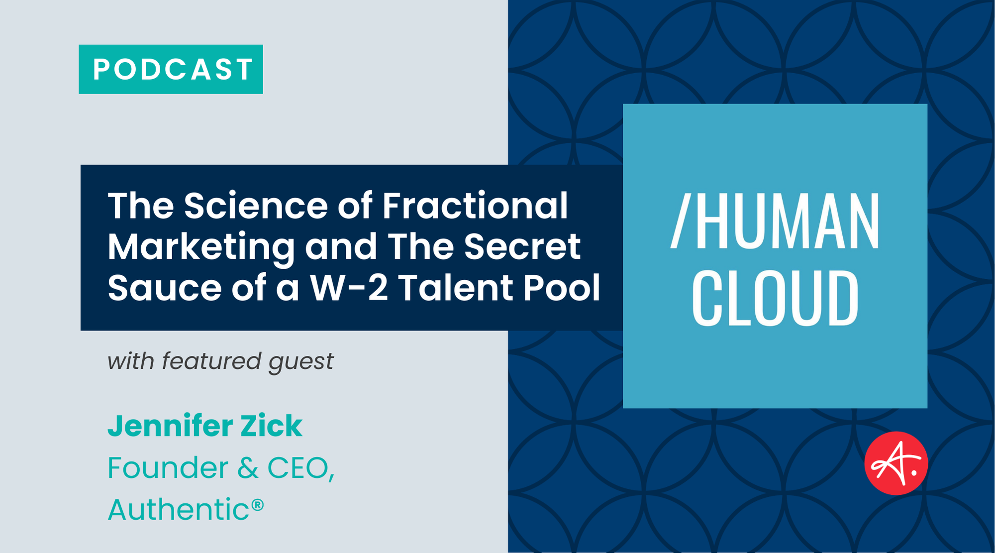 A promotional graphic for the Human Cloud Podcast episode titled "The Science of Fractional Marketing and The Secret Sauce of a W-2 Talent Pool." The design features a blue and gray color scheme with geometric patterns. The text highlights Jennifer Zick, Founder & CEO of Authentic®, as the featured guest. The Human Cloud logo appears on the right side of the image.