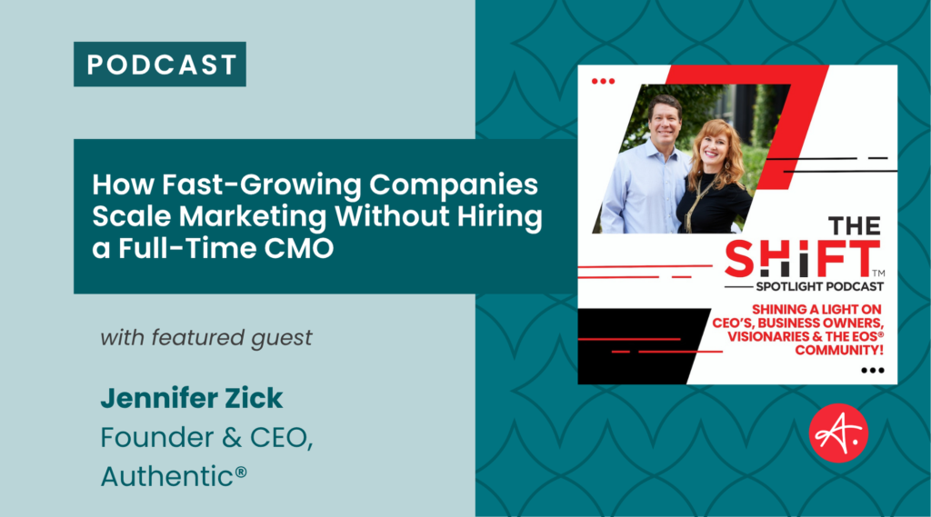 Podcast promotional image featuring Jennifer Zick, Founder & CEO of Authentic®, alongside a male co-host. The title reads: "How Fast-Growing Companies Scale Marketing Without Hiring a Full-Time CMO." Branding includes The Shift Spotlight Podcast and mentions a focus on CEOs, business owners, visionaries, and the EOS® community.