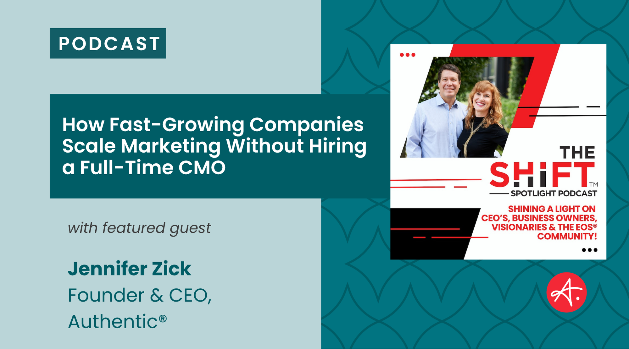 Podcast promotional image featuring Jennifer Zick, Founder & CEO of Authentic®, alongside a male co-host. The title reads: "How Fast-Growing Companies Scale Marketing Without Hiring a Full-Time CMO." Branding includes The Shift Spotlight Podcast and mentions a focus on CEOs, business owners, visionaries, and the EOS® community.