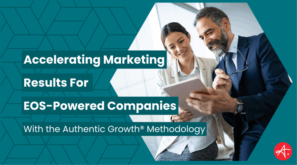 Business professionals collaborating and smiling while reviewing a tablet, with bold text overlay reading: “Accelerating Marketing Results for EOS-Powered Companies – With the Authentic Growth™ Methodology.” Background features a geometric pattern and Authentic's logo in the bottom right.