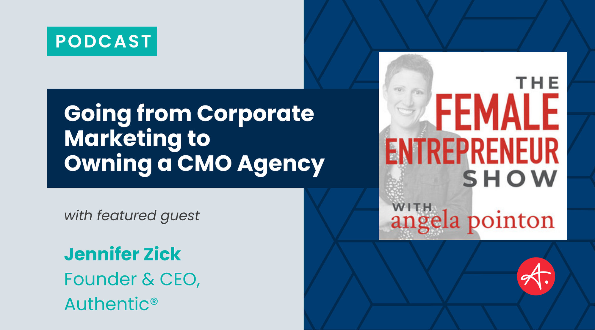 Promotional graphic for The Female Entrepreneur Show featuring guest Jennifer Zick. The episode title is "Going from Corporate Marketing to Owning a CMO Agency."