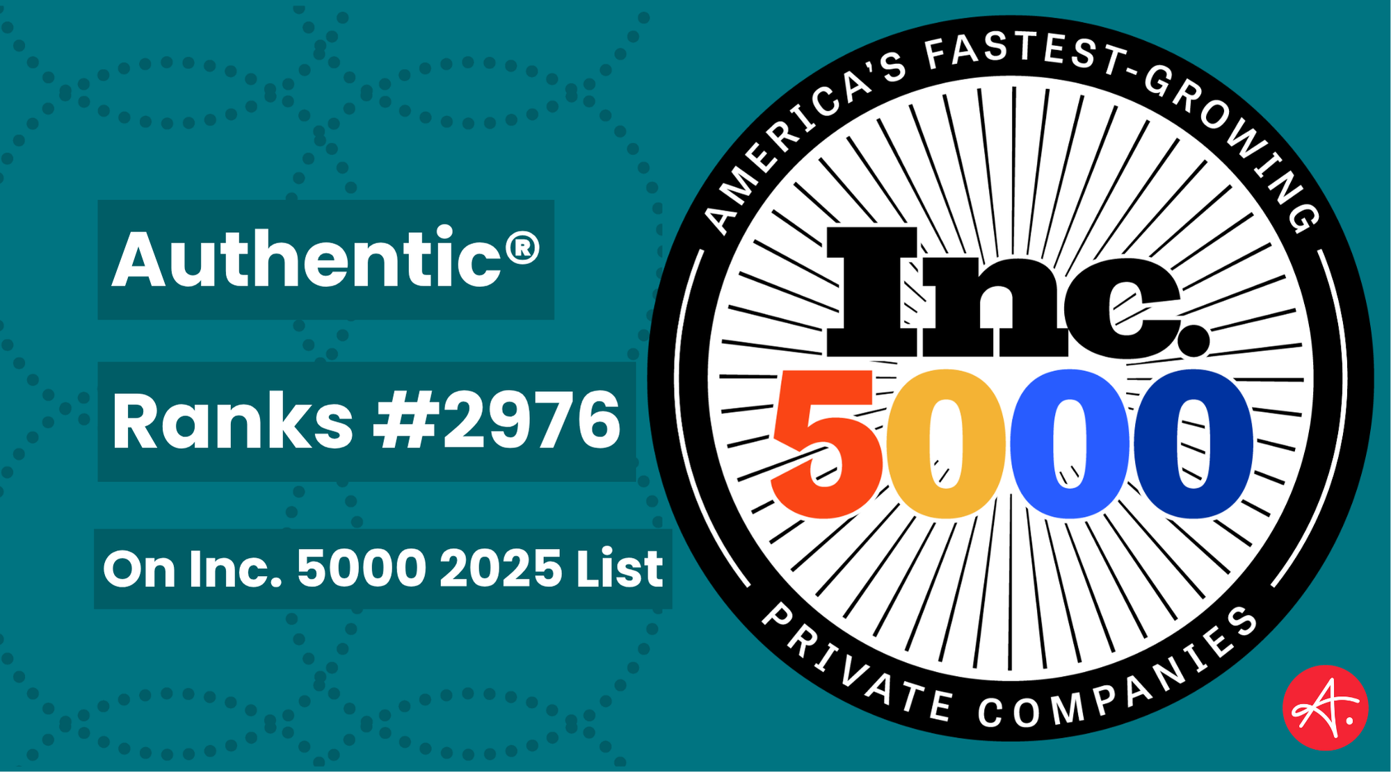 Graphic announcing Authentic®’s ranking on the Inc. 5000 list. The text reads: “Authentic® Ranks #2976 On Inc. 5000 2025 List.” To the right, there is a large circular badge with the words “America’s Fastest-Growing Private Companies” around the edge, and “Inc. 5000” in bold black, orange, yellow, and blue gradient text in the center.