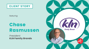 Client story featuring Chase Rasmussen, President of KLN Family Brands, with the KLN logo and Authentic brand design on a teal background.